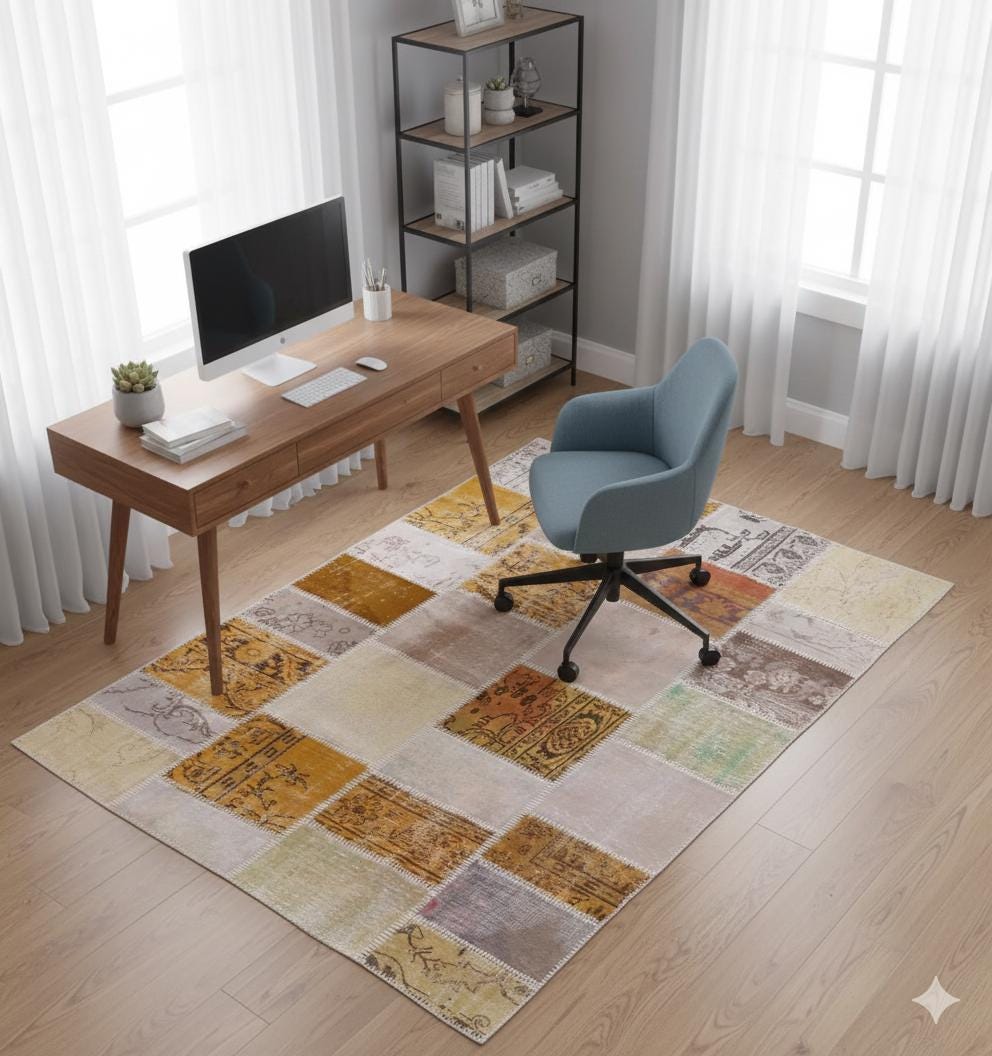 5.4x7.4, Handmade Wool Turkish Patchwork Rug – Vintage, Bohemian, One-of-a-Kind Area Rug