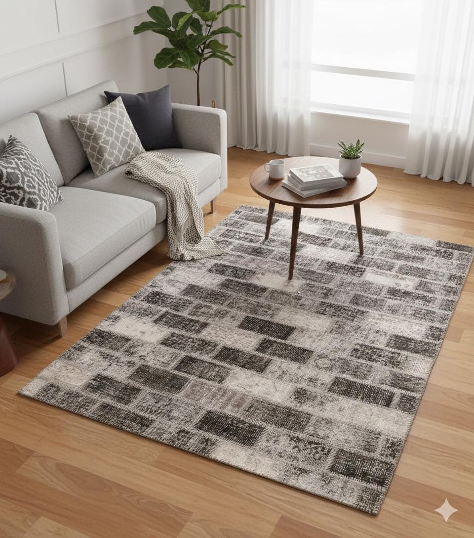 Handmade Turkish Patchwork Rug: 5.6x8 ft Wool Anatolian Area Rug