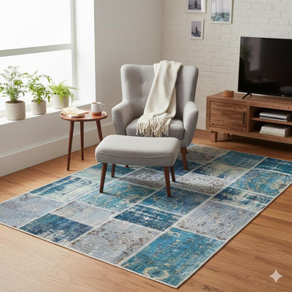 5.6x8, Handmade Wool Turkish Patchwork Rug – Vintage, Bohemian, One-of-a-Kind Area Rug