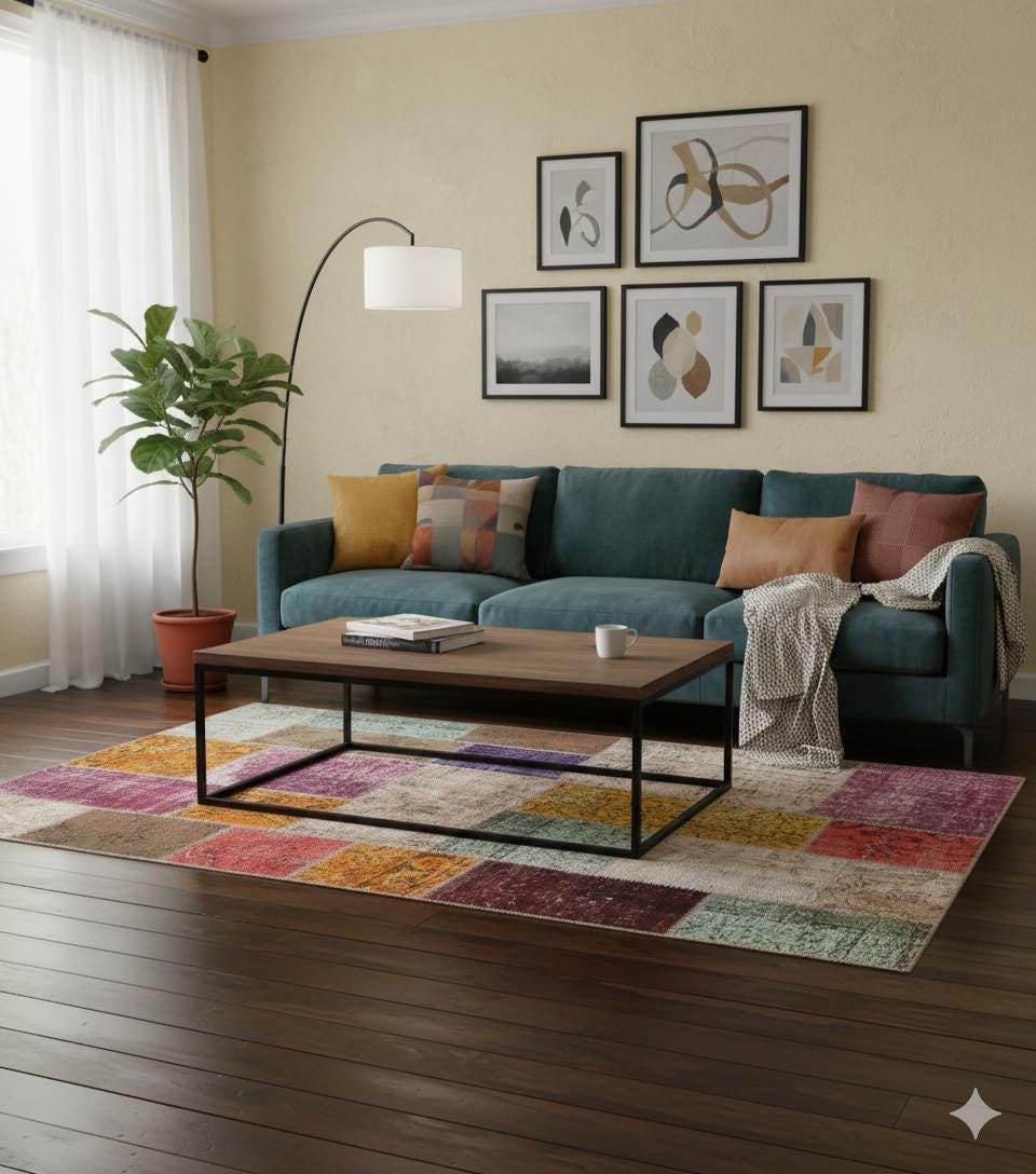 Handmade Wool Patchwork Rug: Bohemian Turkish Area Rug (4.4x6.8 ft)