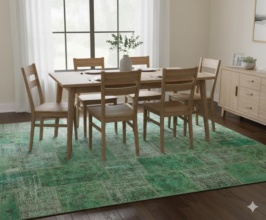 Handmade Wool Turkish Patchwork Rug: Green Vintage Carpet (8.2x9.8)