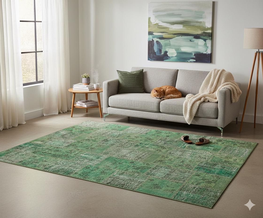 Handmade Wool Turkish Patchwork Rug: Green Vintage Carpet (8.2x9.8)