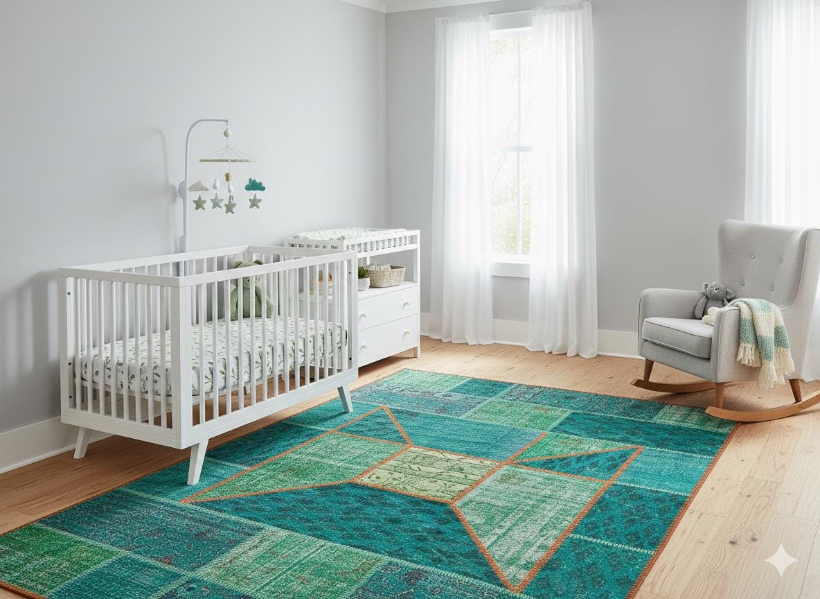 Handmade Wool Turkish Patchwork Rug: Vintage Green Area Rug (6x8)