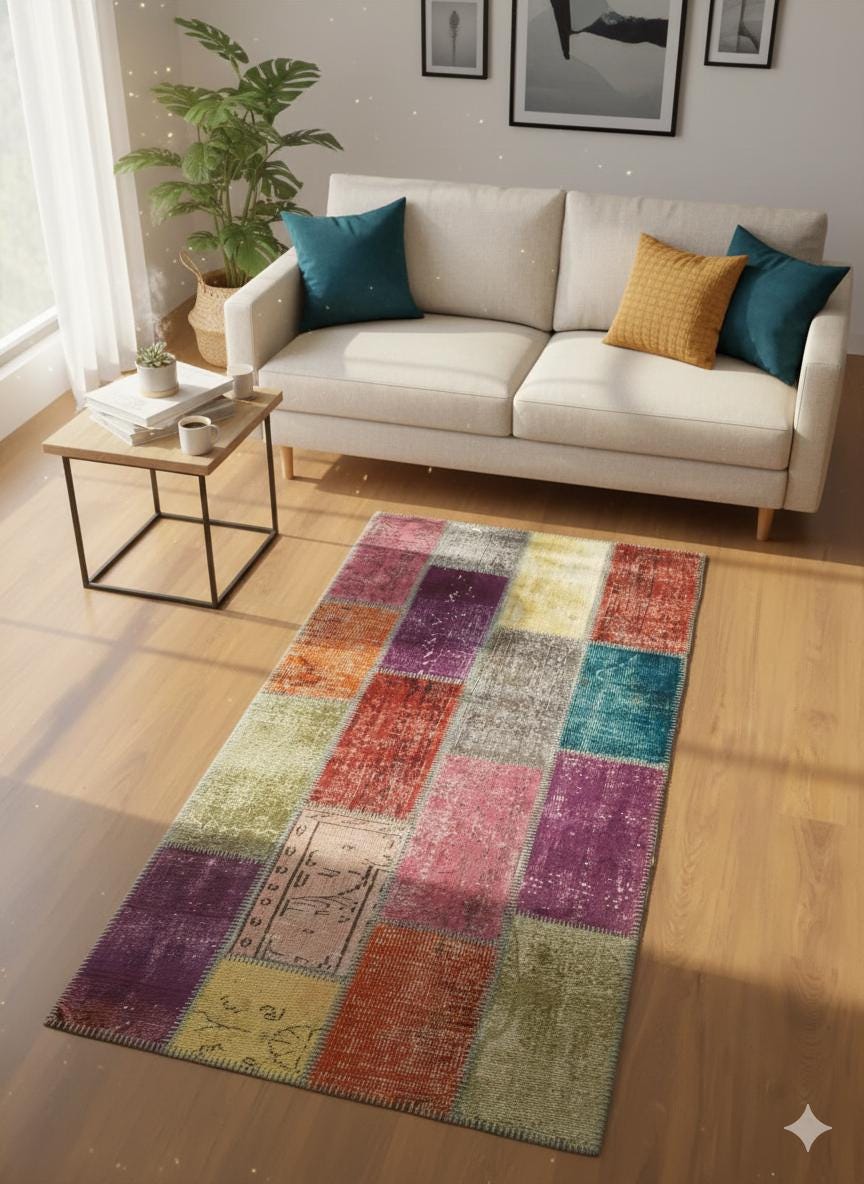 Handmade Patchwork Wool Runner Rug: Bohemian Turkish Rug (3.1x6.5 ft)