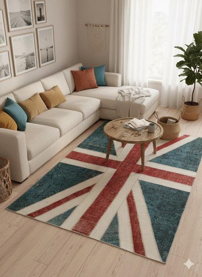 British Flag Patchwork Rug: Handmade Wool Anatolian Design