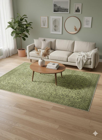 Handmade Green Wool Vintage Rug: 6x9 ft