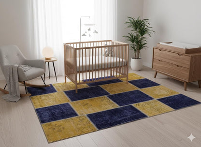 Handmade Wool Turkish Patchwork Rug: Vintage Bohemian Area Rug (5.6x8)