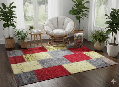 5.6x8, Handmade Wool Turkish Patchwork Rug – Vintage, Bohemian, One-of-a-Kind Area Rug