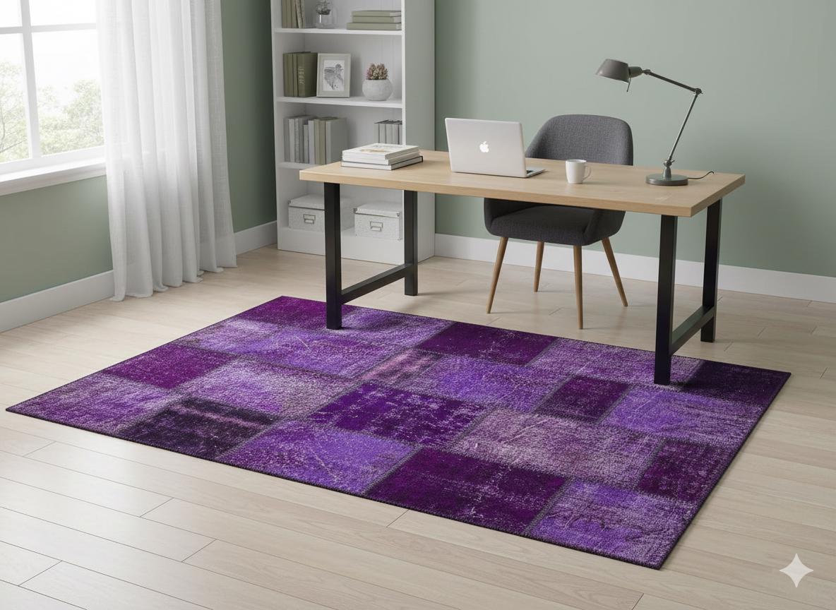 Handmade Wool Turkish Patchwork Rug: Purple Vintage Carpet (5.6x8)