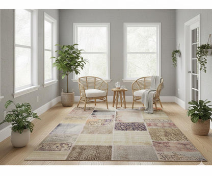 Handmade Wool Turkish Patchwork Rug: Vintage Bohemian Area Rug (5x8)