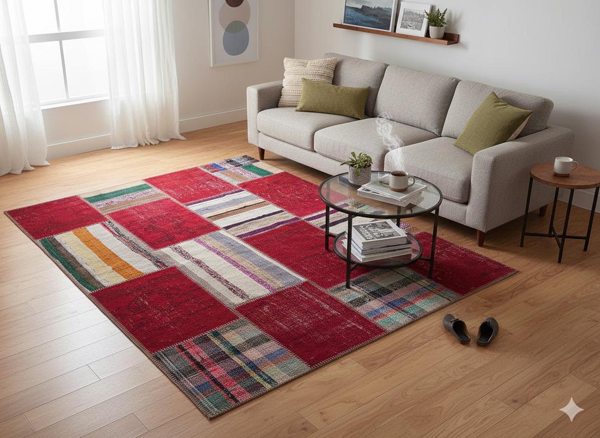5.6x8, Handmade Wool Turkish Patchwork Rug – Vintage, Bohemian, One-of-a-Kind Area Rug