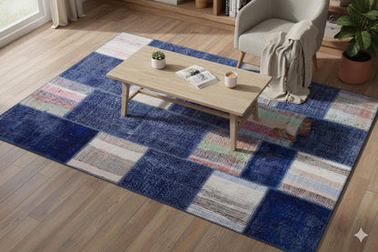Handmade Wool Turkish Patchwork Rug: Vintage Purple Carpet (5.6x8)