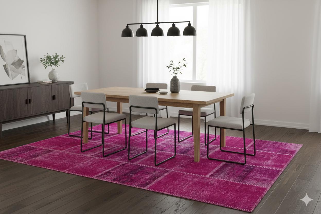Handmade Wool Turkish Patchwork Rug: Vintage Pink Bohemian Area Rug (5.6x8)