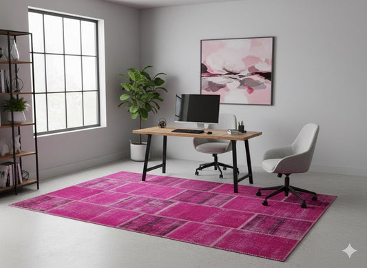 Handmade Wool Turkish Patchwork Rug: Vintage Pink Bohemian Area Rug (5.6x8)