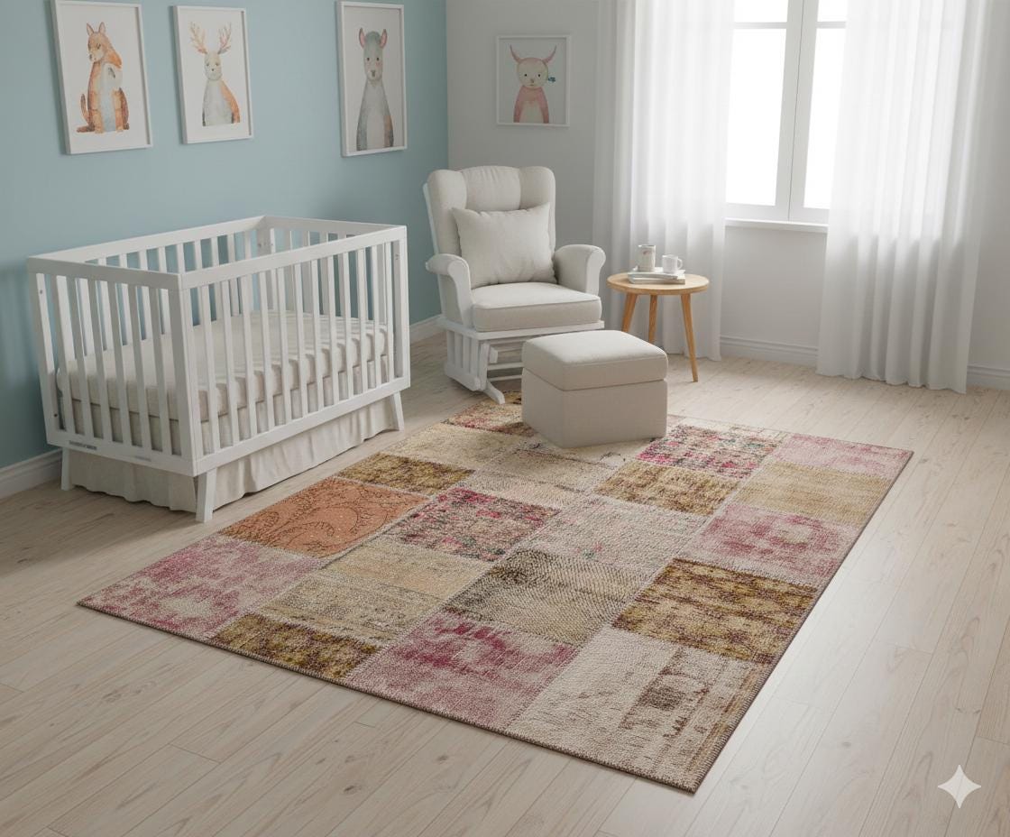 5x8 Handmade Wool Turkish Patchwork Rug: Vintage Bohemian Area Rug
