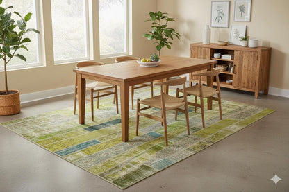 Handmade Wool Turkish Patchwork Rug: Green Vintage Area Rug (8.2x11.5)