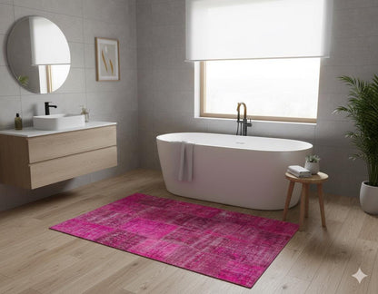 Handmade Wool Turkish Patchwork Rug: Pink Bohemian Vintage Carpet (5.4x8 ft.)
