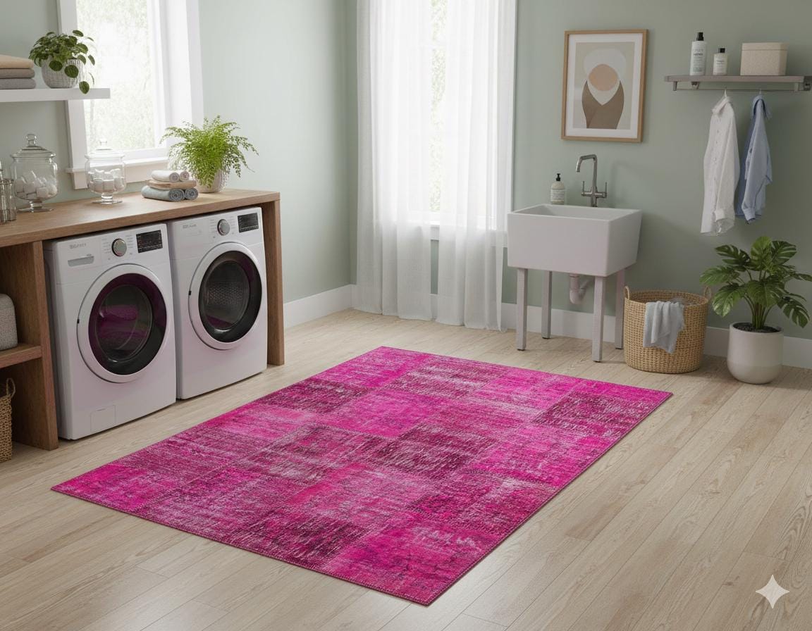Handmade Wool Turkish Patchwork Rug: Pink Bohemian Vintage Carpet (5.4x8 ft.)