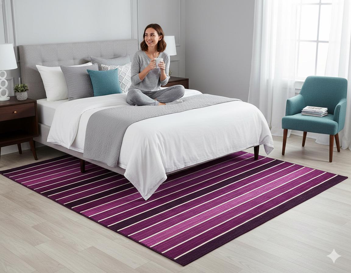 Hand Woven Turkish Kilim Rug: Purple Stripe, Bohemian Style