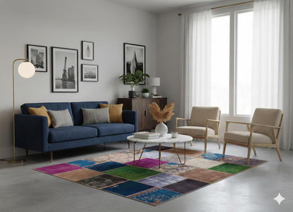 Handmade Wool Patchwork Rug: Bohemian Turkish Area Rug (6.2x8.2 ft)