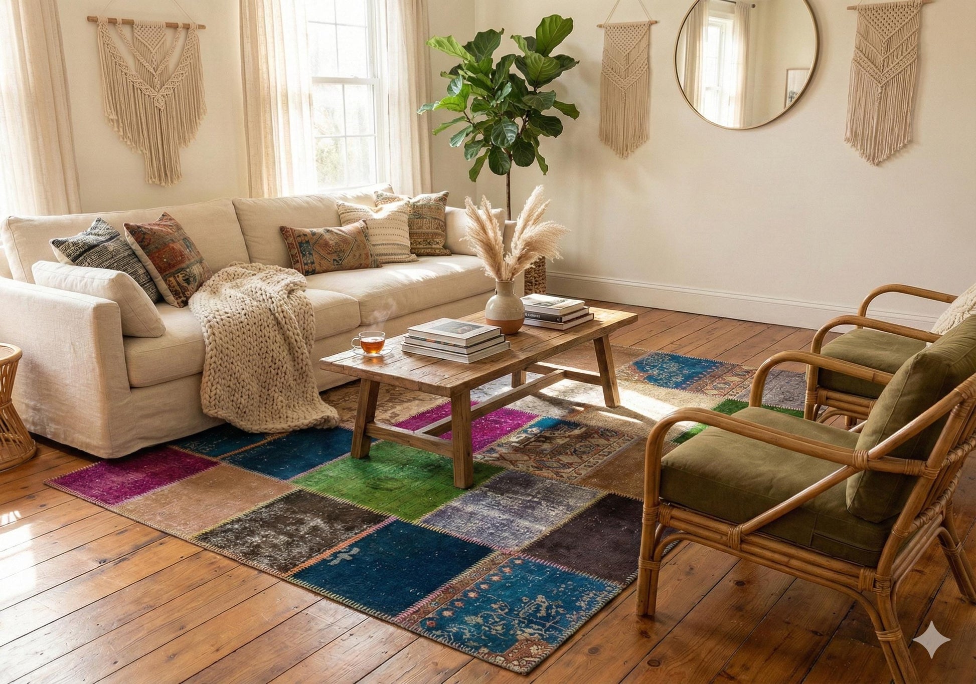 Handmade Wool Patchwork Rug: Bohemian Turkish Area Rug (6.2x8.2 ft)