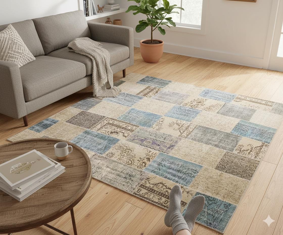Handmade Wool Patchwork Turkish Rug: 10'x12' Bohemian Area Rug
