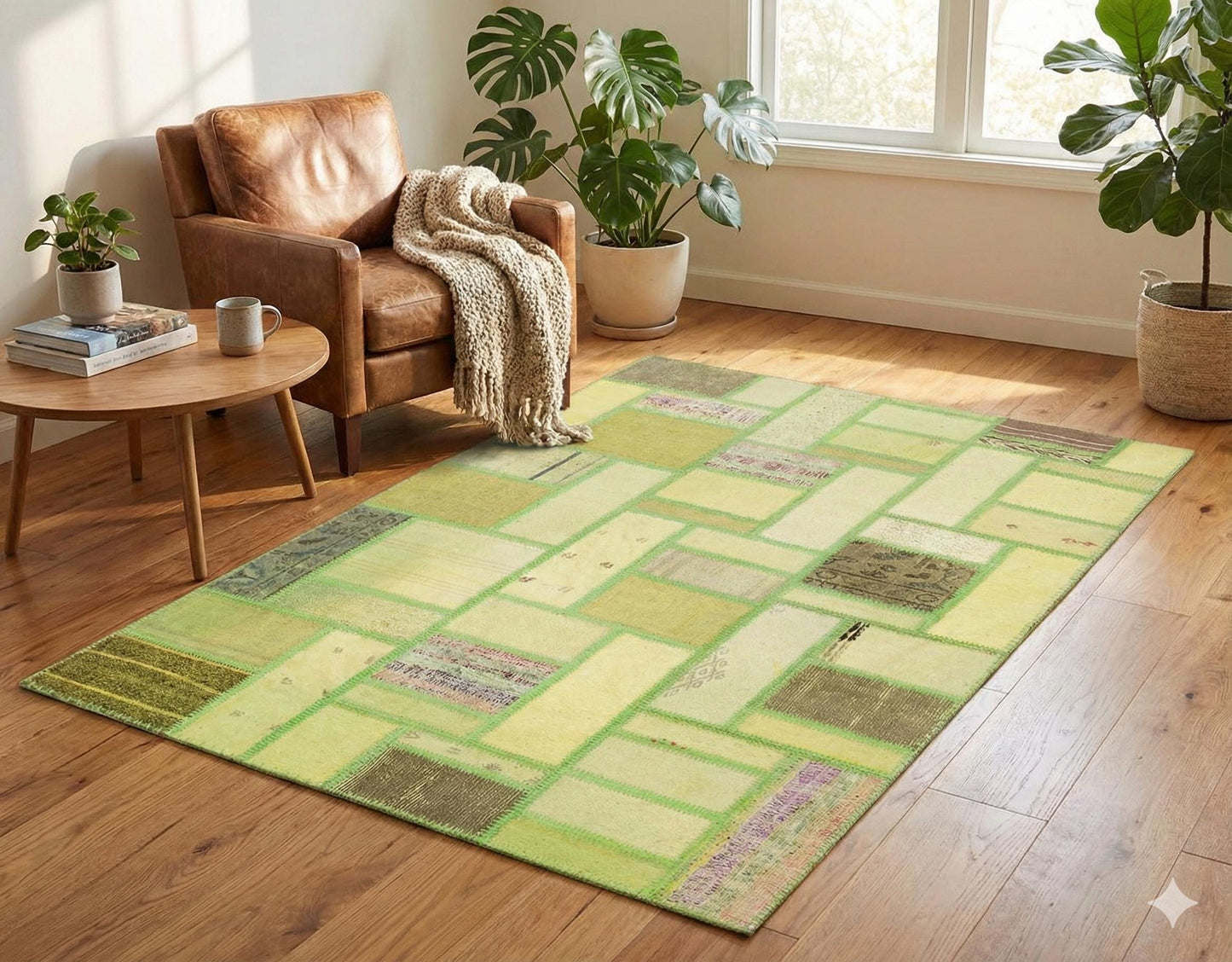 Handmade Green Patchwork Rug: 100% Wool Turkish Area Rug (3.9x5.6 ft)