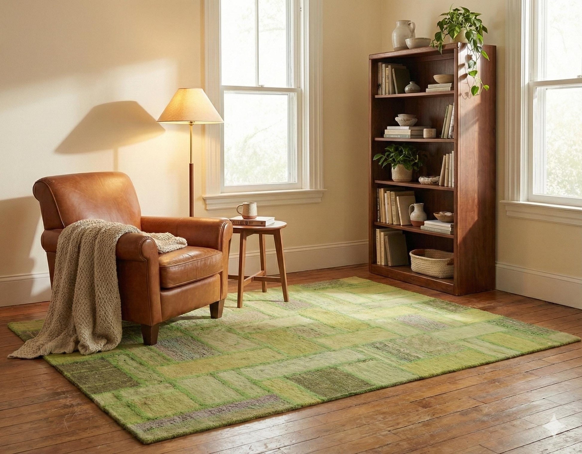 Handmade Green Patchwork Rug: 100% Wool Turkish Area Rug (3.9x5.6 ft)