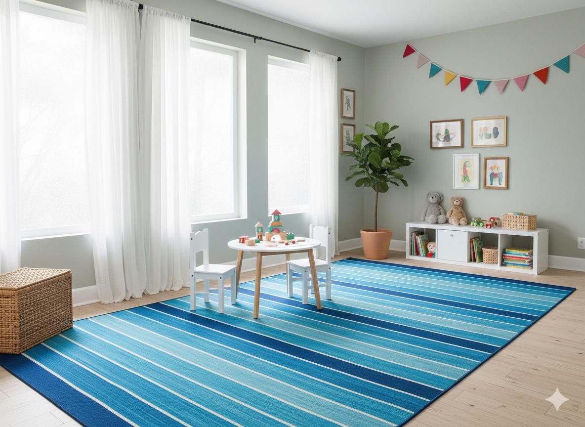 Hand Woven Turkish Kilim Rug: Blue Stripe Bohemian Style
