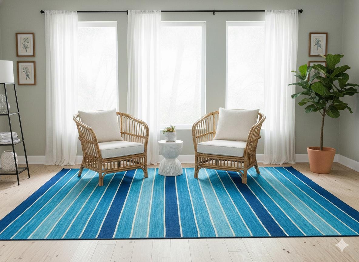 Hand Woven Turkish Kilim Rug: Blue Stripe Bohemian Style
