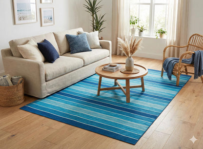Hand Woven Turkish Kilim Rug: Blue Stripe Bohemian Style