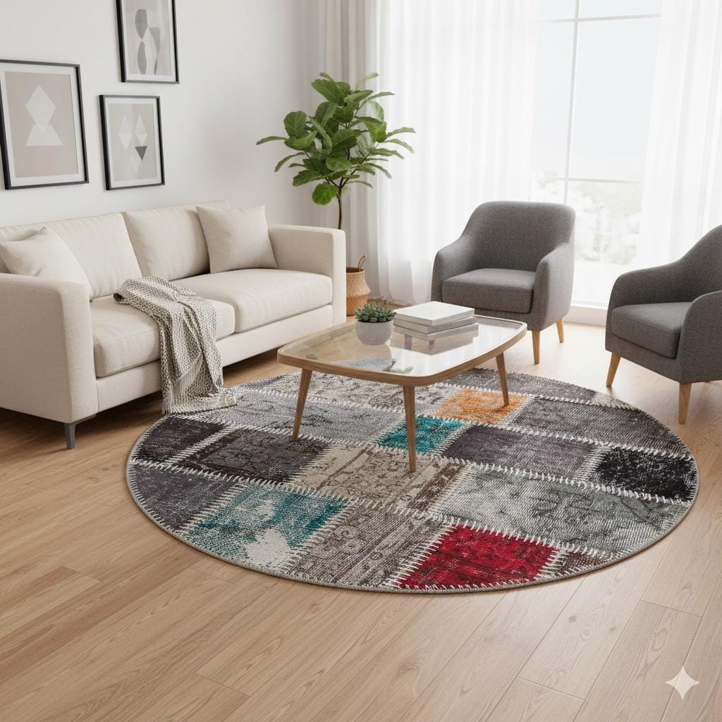 Handmade Wool Patchwork Rug: 3.6x3.6 ft Bohemian Circle Rug