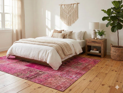 Pink Patchwork Rug: Handmade Bohemian Anatolian Wool Carpet (5.6x7.9 ft)