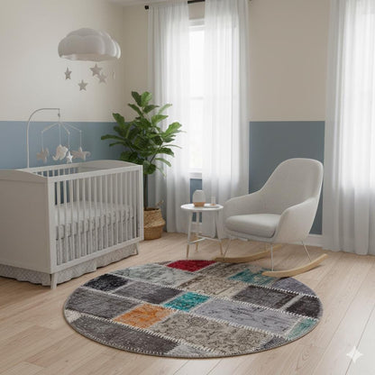 Handmade Wool Patchwork Rug: 3.6x3.6 ft Bohemian Circle Rug