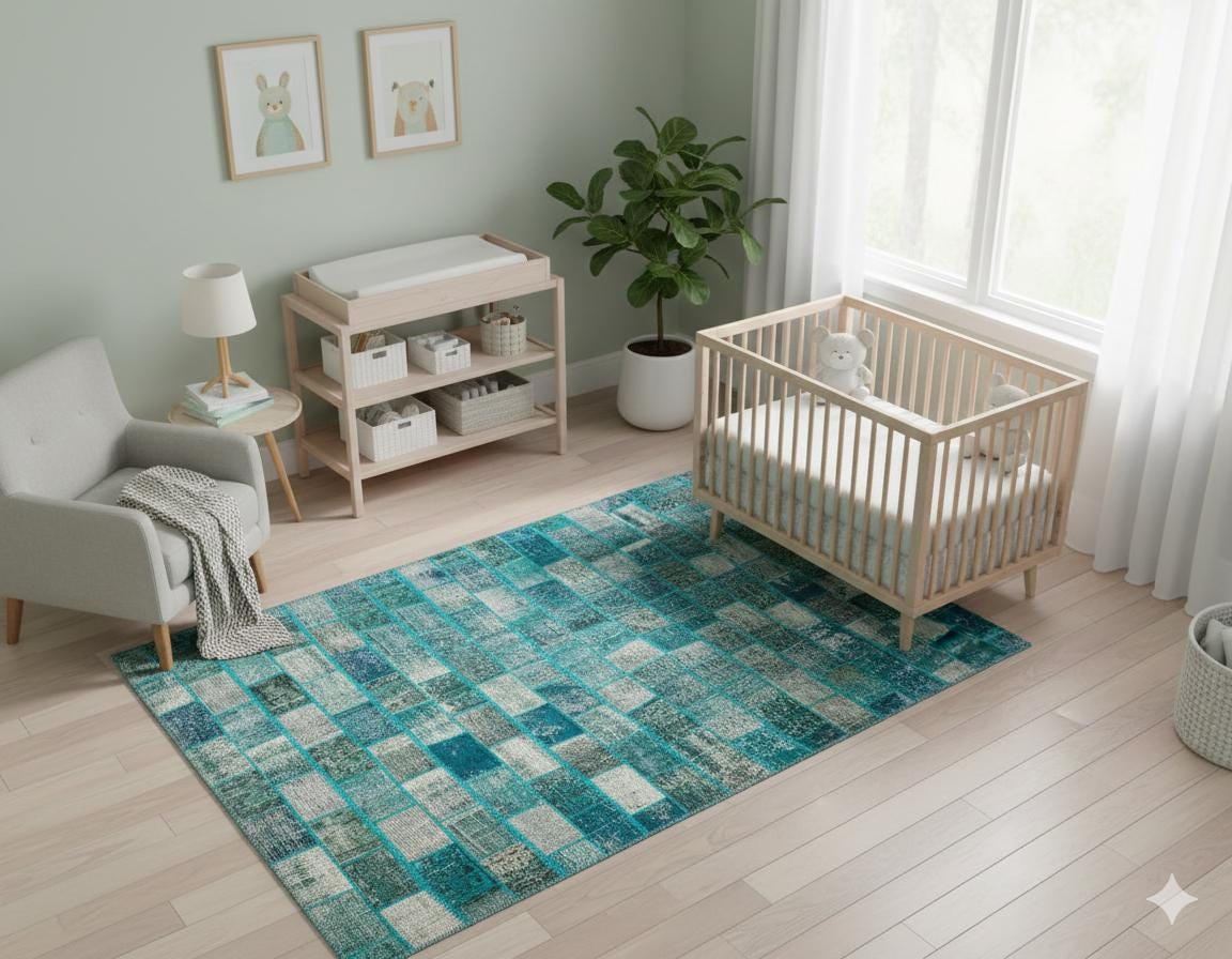 Handmade Green Wool Patchwork Rug: Bohemian Turkish Rug (5.4x7.9 ft)