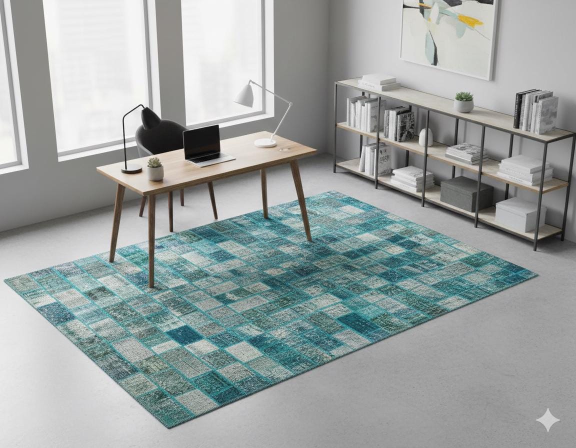 Handmade Green Wool Patchwork Rug: Bohemian Turkish Rug (5.4x7.9 ft)