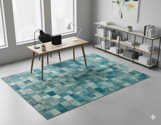 Handmade Green Wool Patchwork Rug: Bohemian Turkish Rug (5.4x7.9 ft)