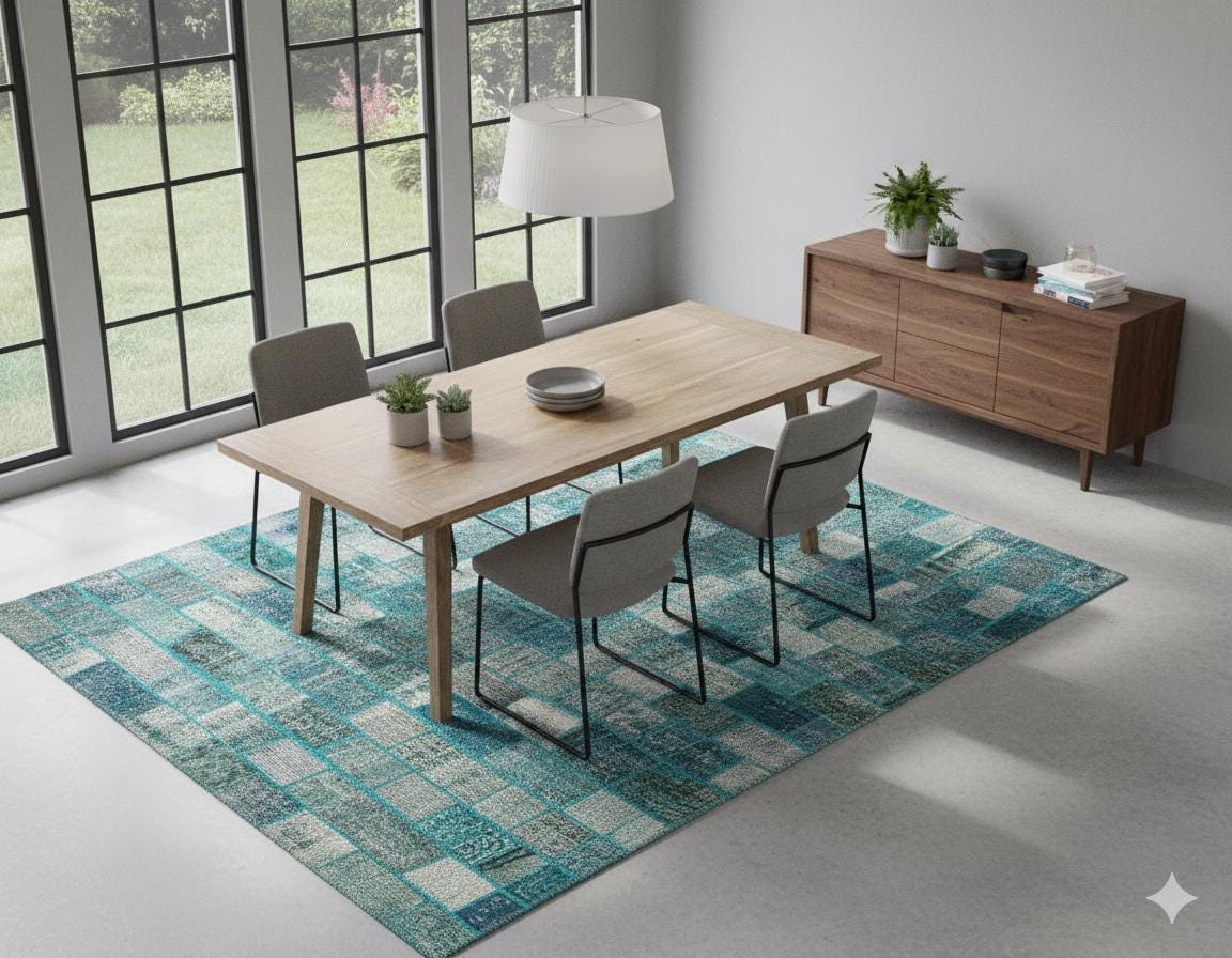 Handmade Green Wool Patchwork Rug: Bohemian Turkish Rug (5.4x7.9 ft)