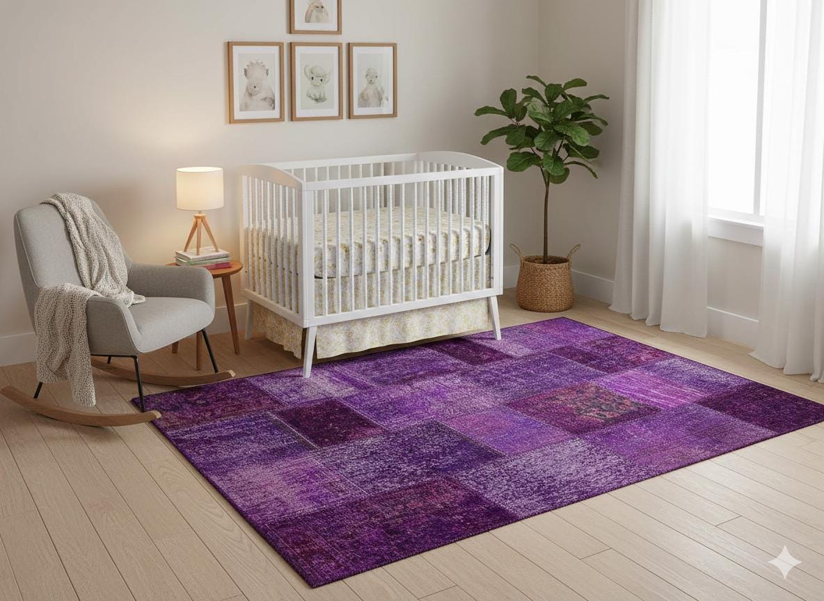 Handmade Purple Patchwork Wool Rug: Bohemian Turkish Area Rug (5'x8' ft)