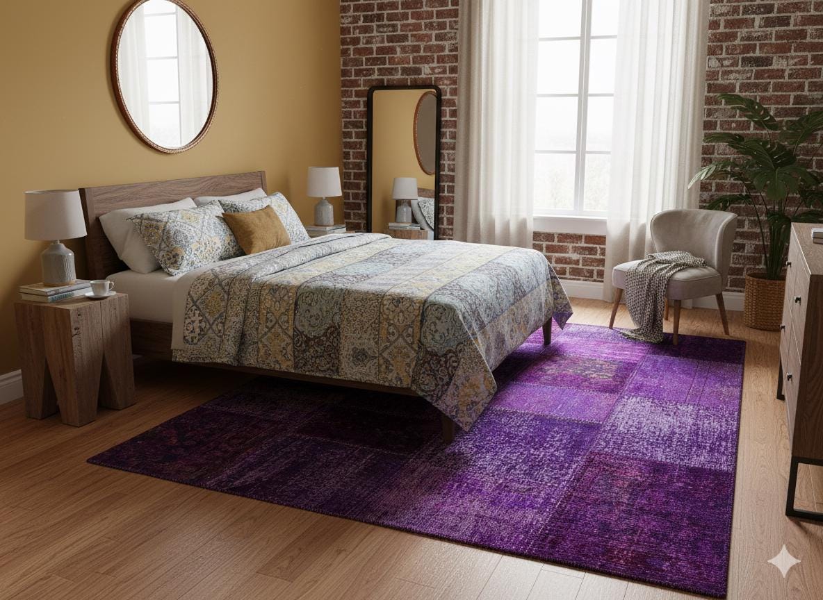 Handmade Purple Patchwork Wool Rug: Bohemian Turkish Area Rug (5'x8' ft)