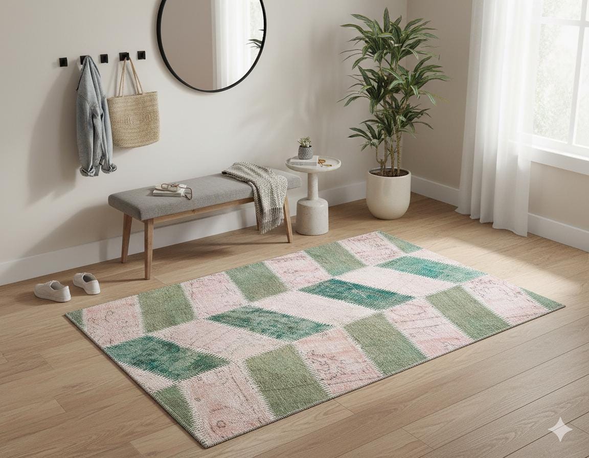 Handmade Wool Patchwork Rug: 3.9x5.7 ft Turkish Bohemian Area Rug