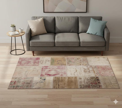 Handmade Wool Turkish Patchwork Rug: 4x6 Vintage Bohemian Area Rug