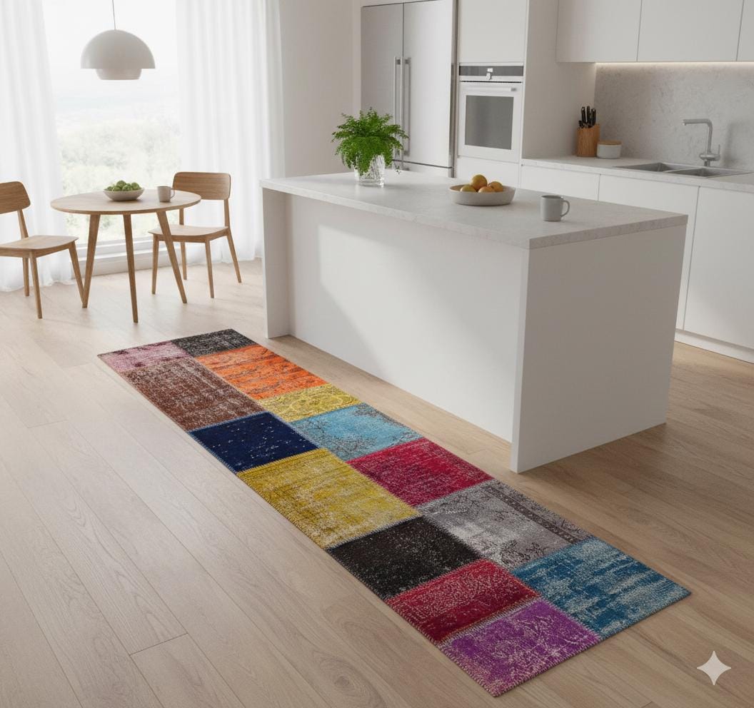 Handmade Wool Patchwork Turkish Rug - 2.7x9.7 ft Bohemian Area Rug