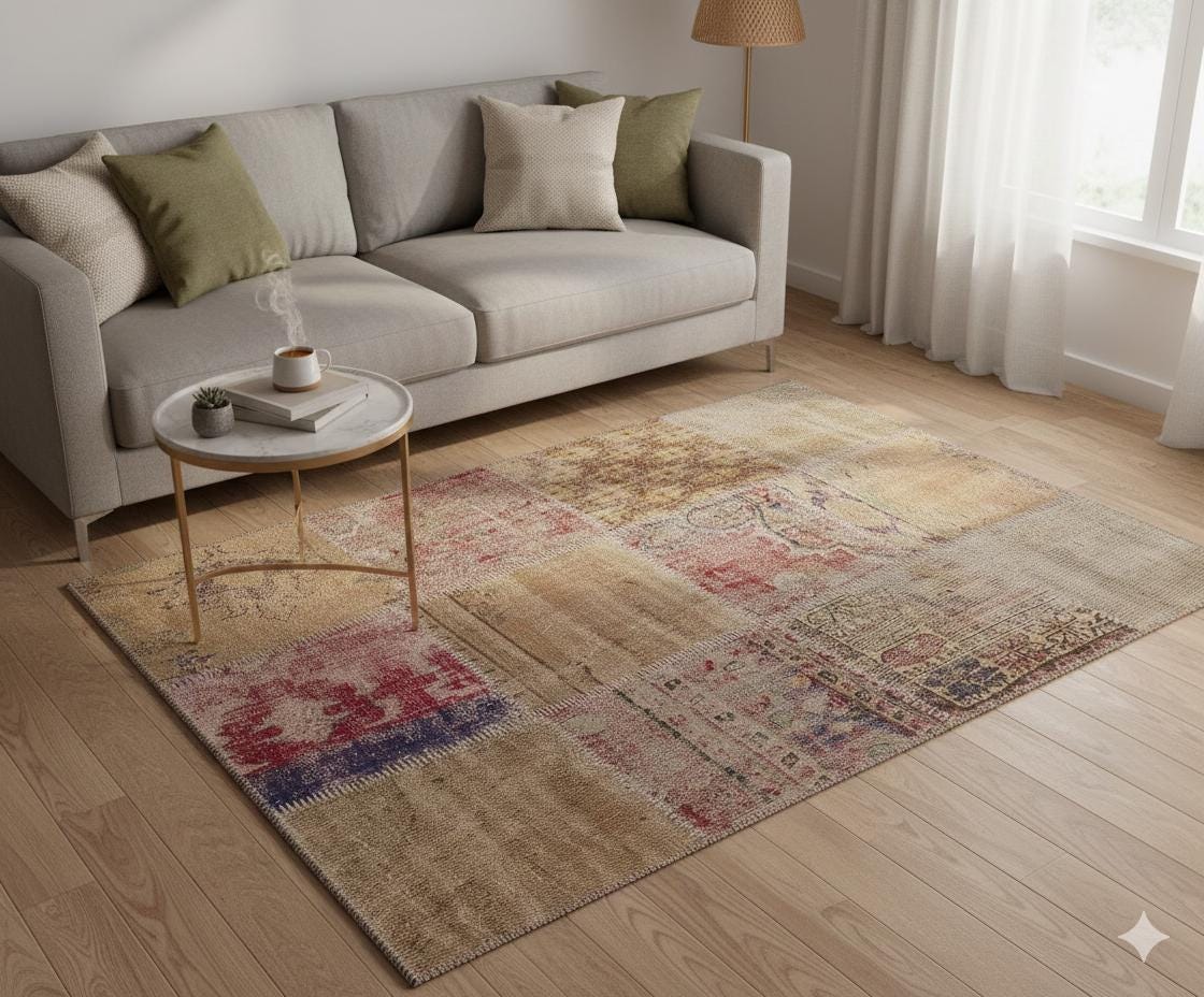 4x6 Handmade Wool Turkish Patchwork Rug: Vintage Bohemian Area Rug