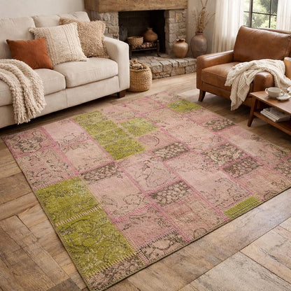 One of a Kind Pink & Green Wool patchwork Rug