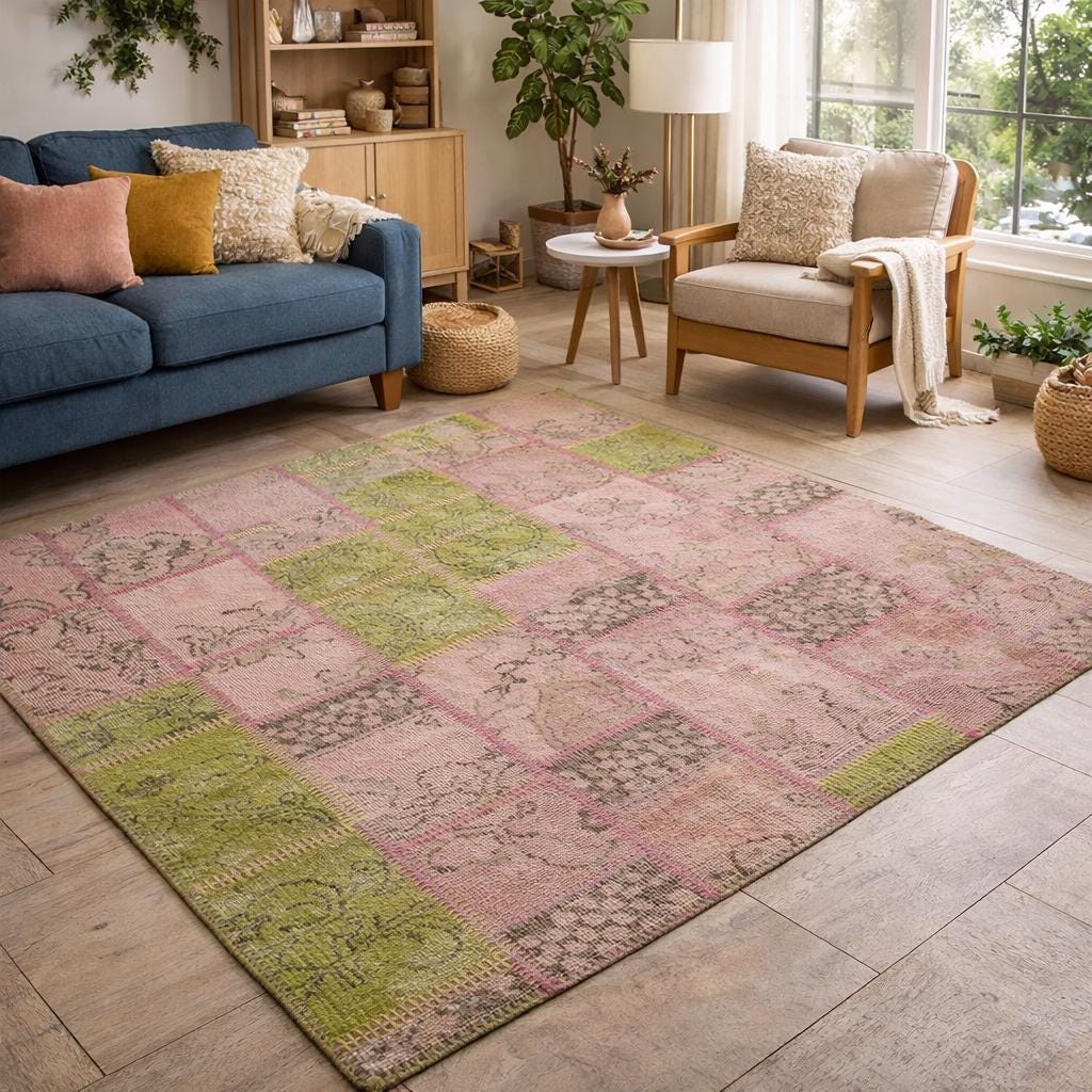 One of a Kind Pink & Green Wool patchwork Rug