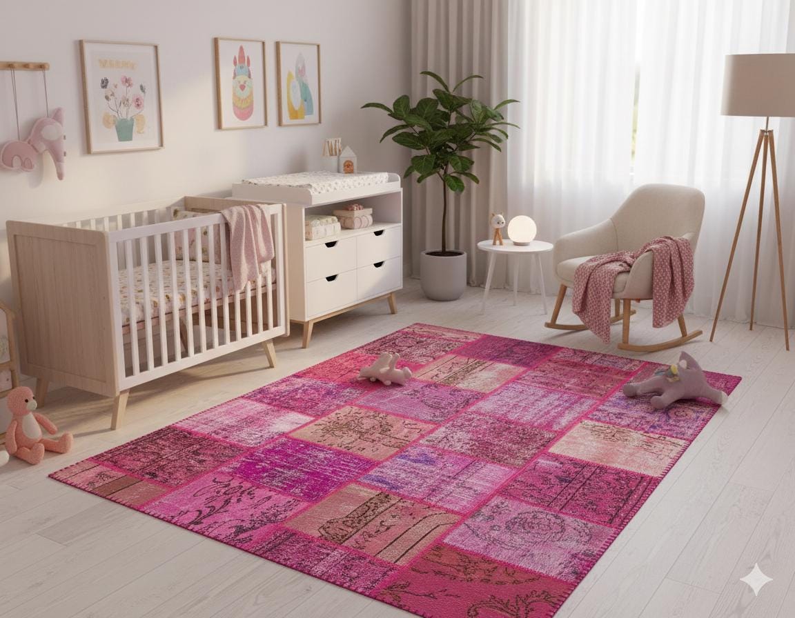 Handmade Pink Patchwork Rug: Bohemian Wool Area Rug (5.6x7.7ft)