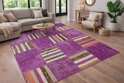 Handmade Purple Patchwork Rug: Bohemian Wool Area Rug (5'x8' ft)
