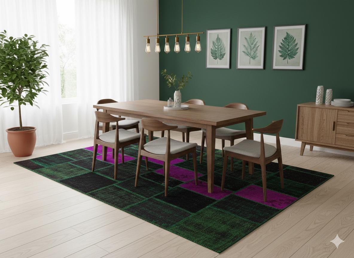 Handmade Wool Patchwork Rug: Green Bohemian Area Rug (6.6x9.4 ft)