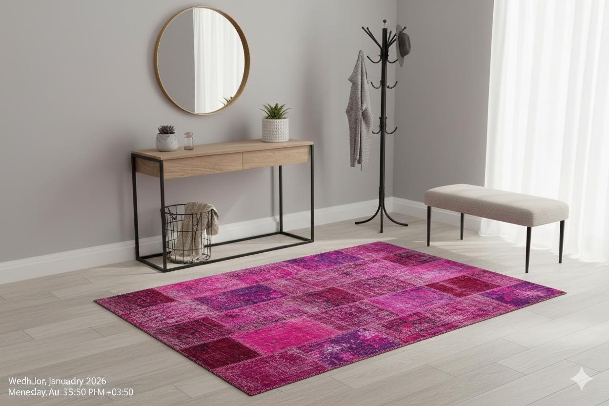 Handmade Pink Patchwork Rug: Modern Bohemian Wool Area Rug (5.8x8.4 ft)